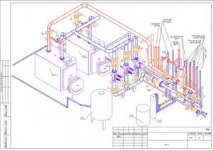 Axonometric diagram of boiler equipment with two burners