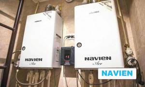 Navien Ace gas boilers in the boiler room