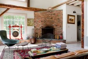 Boho living room with corner fireplace