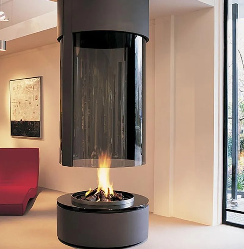 round fireplace with glass