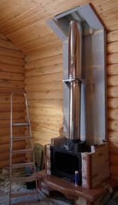 installation of a fireplace stove in a wooden house