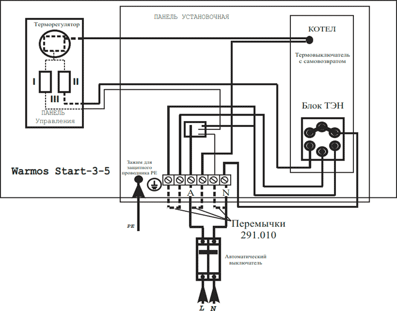 Connection diagram for Warmos Start 3…5 electric boilers to a 220 Volt network