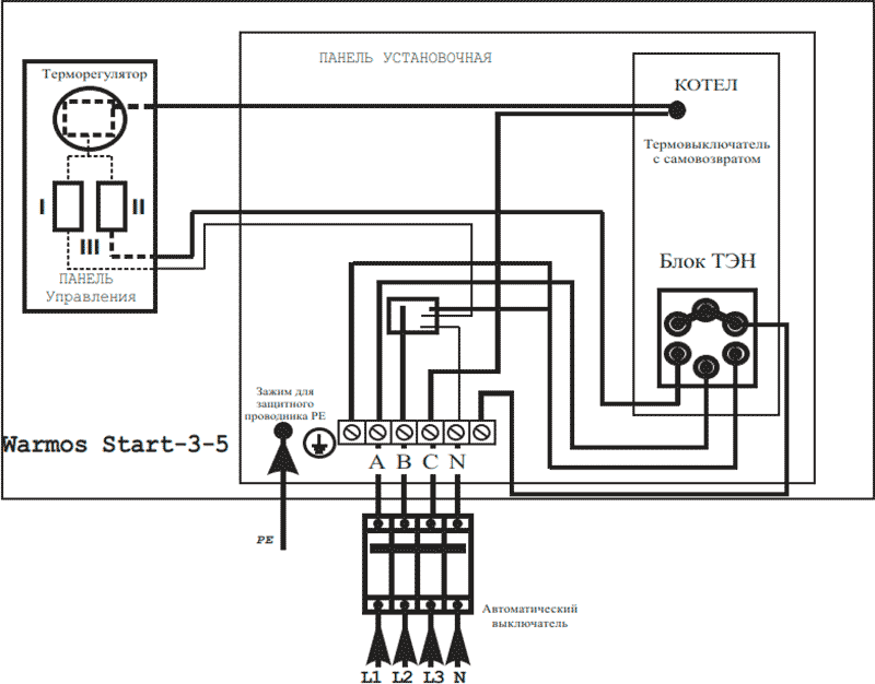Connection diagram for Warmos Start 3…5 electric boilers to a 380 Volt network
