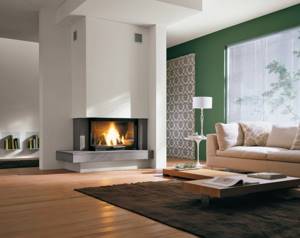 Modern living room design with corner fireplace