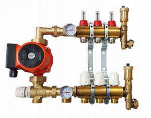 The manifold system includes valves, air vents, thermostatic and balancing valves
