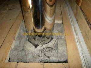 filling the gap in the chimney pipe penetration with stone wool
